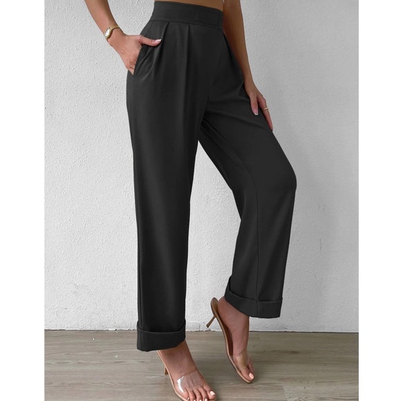 Classic Pleated Cuff Hem High Waisted Trouser Pants - Picture 4 of 5